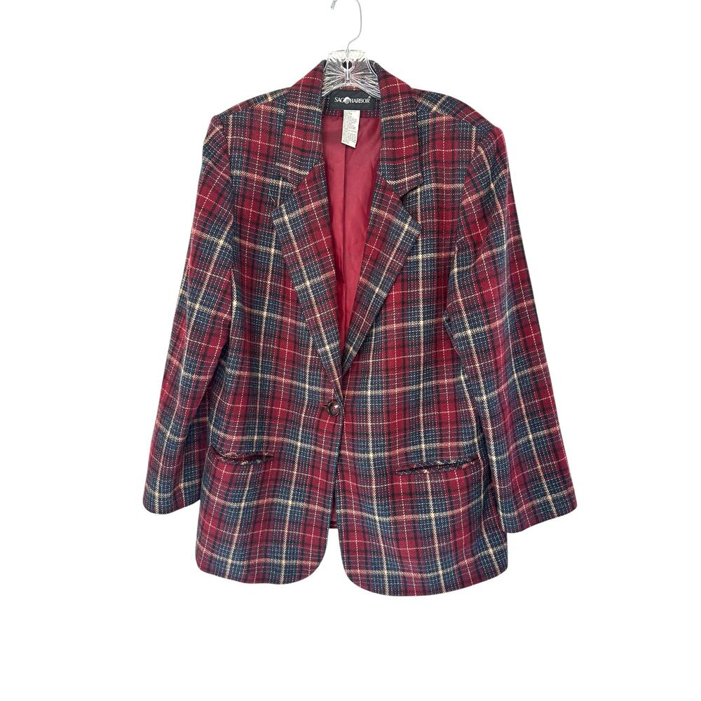 Vintage Plaid Dark Academia Wool Blend Single Button Oversized Blazer‎ Size 14